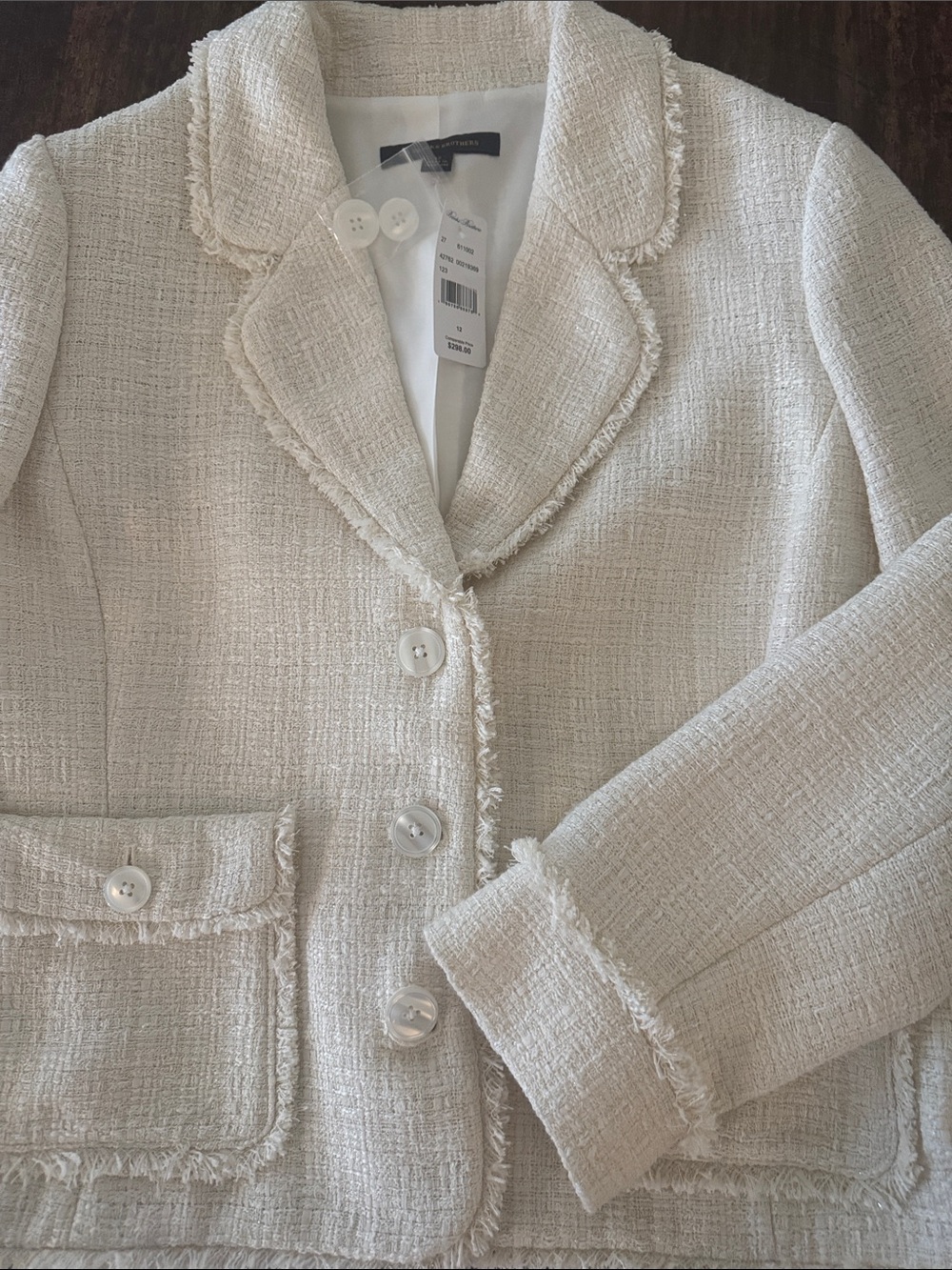 ✨ NWT Brooks Brothers Ivory/Tweed Fringe-Trim Blazer with Slilver Sparkle Thread